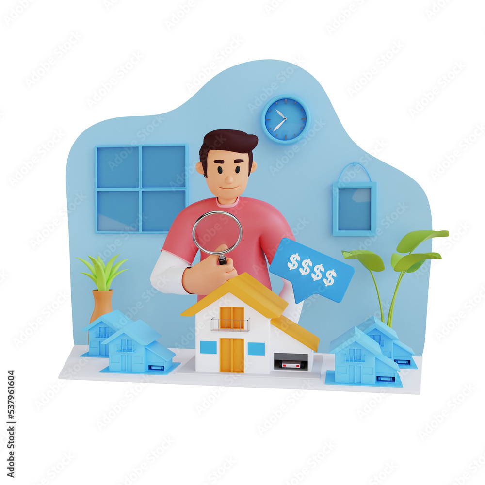 young man looks at the house through a magnifier, 3d character illustration young man looks at the house through a magnifier, 3d character illustration