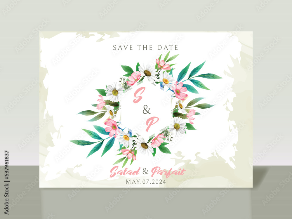 Elegant white and pink flowers wedding invitation card