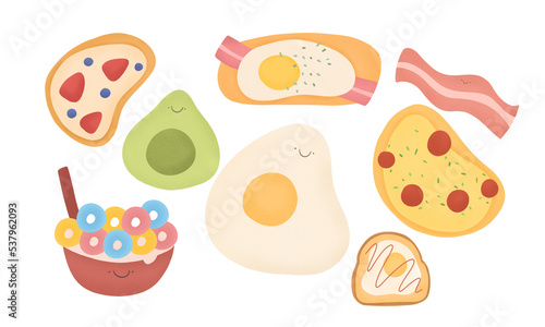 set of breakfast,hand drawn food collection,egg,avocado,bread,cooking