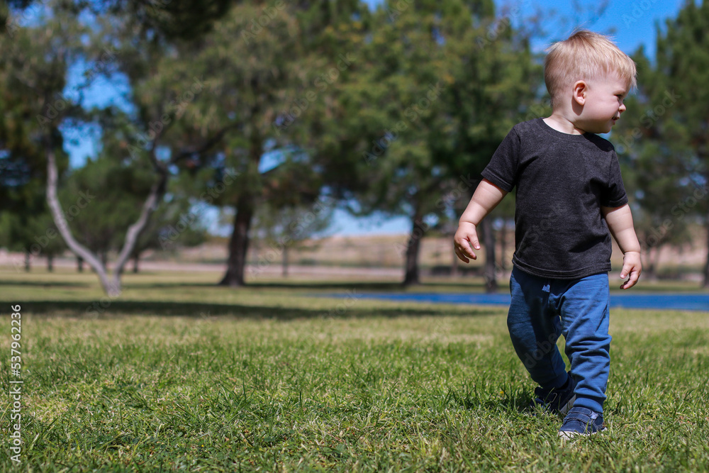 toddler boy running and playing in the park, blurred background toddler boy running and playing in the park, blurred background