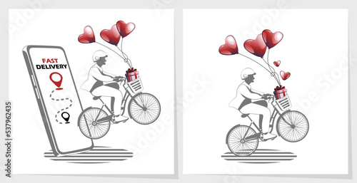 Man rides a bicycle with Hearts. Vector illustration