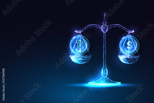 Concept of cryptocurrency exchange value with scales, bitcoin and dollar coins on blue background