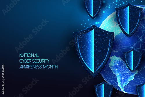 National cyber security awareness month digital web banner with protective shields and planet Earth