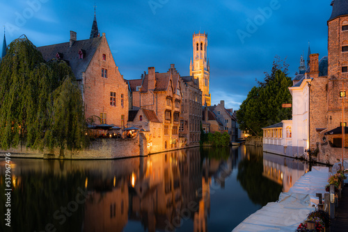 Brugge canal view at night looking at the Belfry