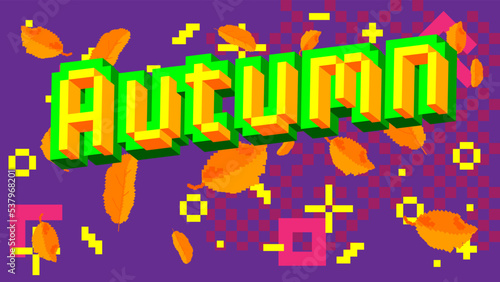 Autumn. Pixelated word with geometric graphic background. Vector cartoon illustration.
