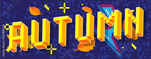 Autumn. Pixelated word with geometric graphic background. Vector cartoon illustration.