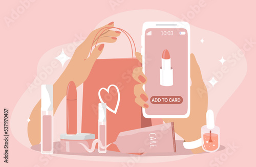 vector hand drawn illustration on the theme of online cosmetics store. care and decorative cosmetics and a smartphonr. flat trend illustration for magazines, website and application banner