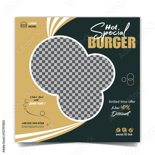 design of a fast food restaurant marketing social media post or ad template with an abstract background. Fresh pizza, burgers, and pasta online sale promotion poster