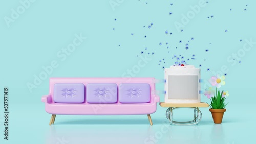 3d air purifier in room, dehumidifier, misting fans with electron anion, ozone, arrow air flows shows with bench, sofa, flower pot isolated on blue background. allergy prevention concept, 3d animation