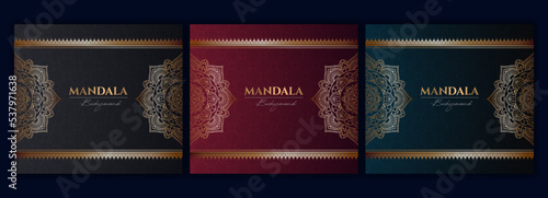 Set of abstract gold luxury mandala background vector template, Circular ornamental arabesque pattern for poster, cover, brochure, flyer. Red, green, blue background with ethnic floral mandala element
