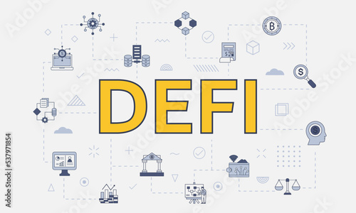 defi decentralized finance concept with icon set with big word or text on center