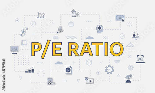 pe ratio business concept with icon set with big word or text on center