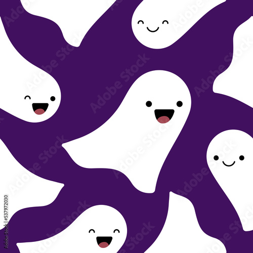 Halloween background with cute little ghosts n flat cartoon style. Cute ghosts seamless pattern on a purple background