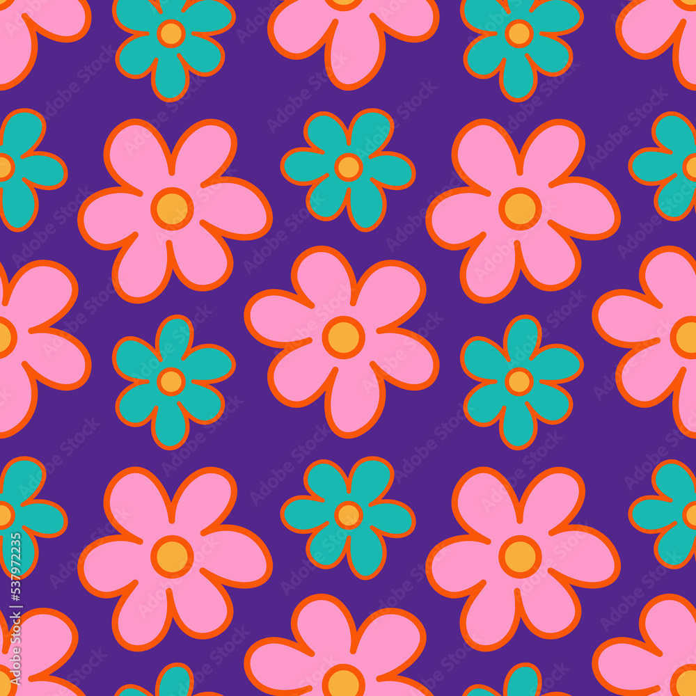 Bright flowers seamless pattern on a purple background. Hippy floral background in 1970s flat cartoon style. Can be used as a wallpaper, wrapping paper, textile print etc. Bright flowers seamless pattern on a purple background. Hippy floral background in 1970s flat cartoon style. Can be used as a wallpaper, wrapping paper, textile print etc.