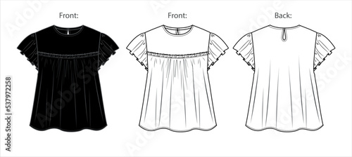 Vector woman blouse with frills detail fashion CAD, round neck volant sleeved top sketch, technical drawing, template, mock up,T-Shirt female flat. Jersey or woven fabric blouse, white and black color