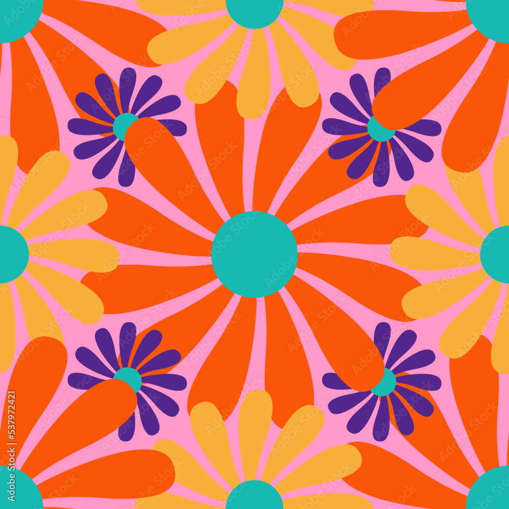 Hippy flowers seamless pattern on a pale pink background. Floral ornament in 1970s flat cartoon style. Can be used as a wallpaper, wrapping paper, textile print etc.