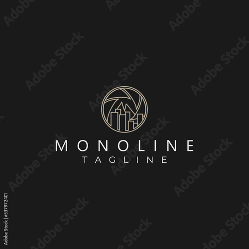 Logo design of a combination of camera lenses and views of skyscrapers.