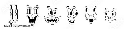 Retro 30s characters mascot, comic faces expression of the 50s, 60s. Quirky eyes and mouths cartoon animation in funny style, vintage avatars vector background