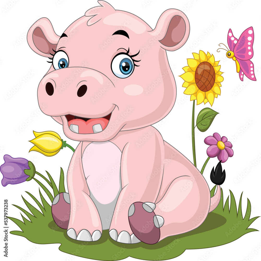 Cartoon baby hippo sitting in the grass Cartoon baby hippo sitting in the grass
