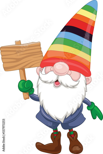 Cartoon happy gnomes holding blank board