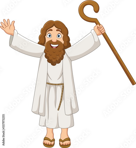 Cartoon Moses holding wooden staff with open arms
