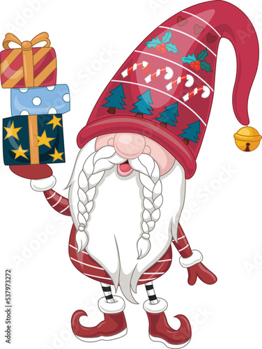 Cartoon happy gnomes holding stack of gift boxes