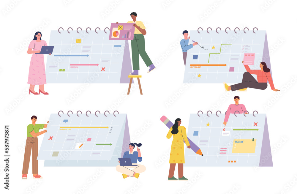 People are marking their schedules on a huge calendar. flat vector illustration.