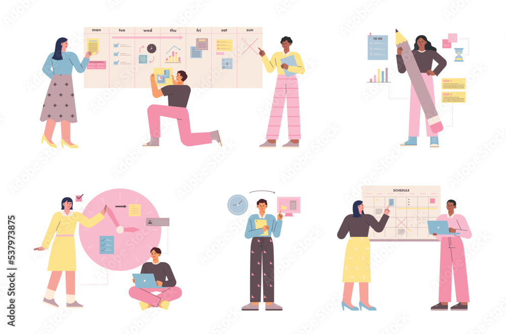 People who plan the project. People are writing schedules on big clocks and calendars. flat vector illustration.