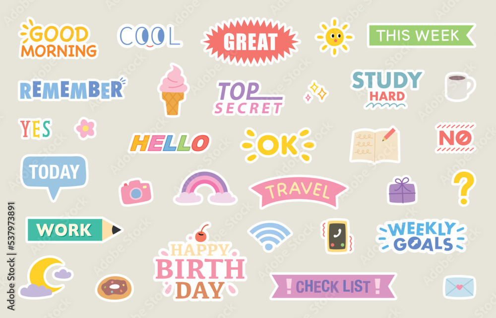 Cute diary sticker design set. flat vector illustration. Cute diary sticker design set. flat vector illustration.