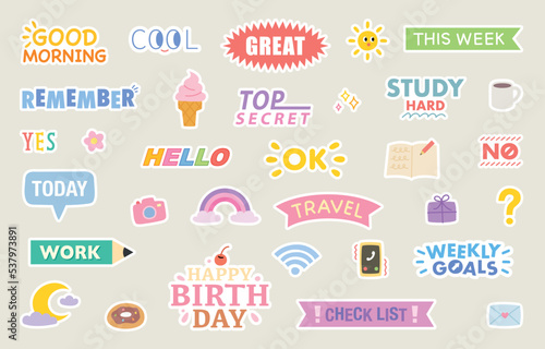 Cute diary sticker design set. flat vector illustration.