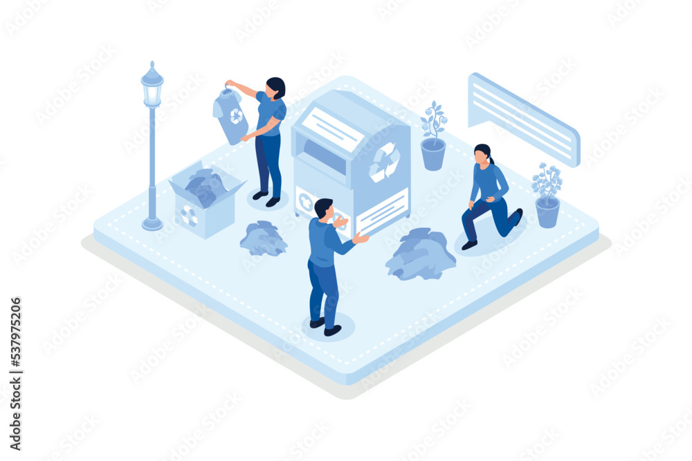 Sustainability, buying reused clothes, recycling plastic bottles, isometric vector modern illustration