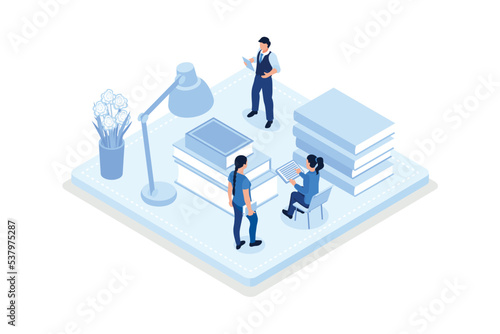 School and preschool lessons subjects, Characters in school classes learning literature with books, isometric vector modern illustration