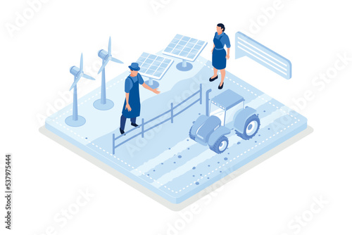 Sustainability, green agriculture farm with windmills and solar energy panels, isometric vector modern illustration