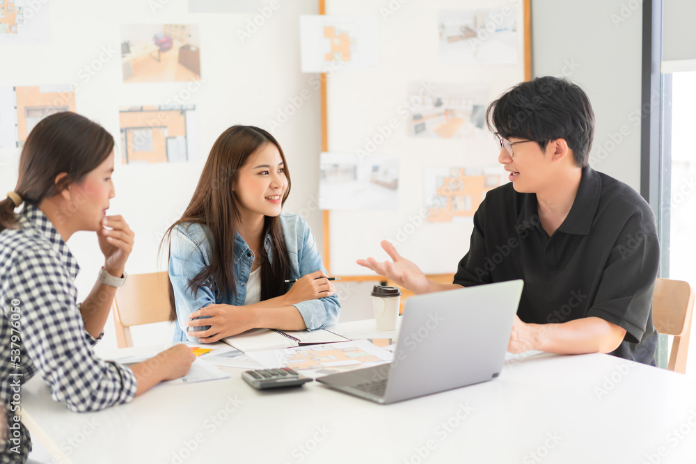 Design building concept, Architect team is discussing about project and house plan on blueprint Design building concept, Architect team is discussing about project and house plan on blueprint