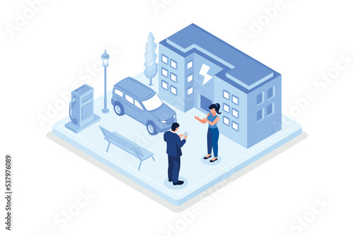 Sustainable transportation, Private electric vehicle near charging station, isometric vector modern illustration