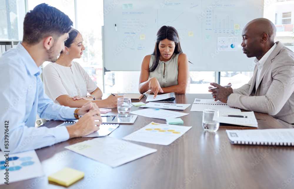 Fototapeta premium Planning, project management and review with business people in meeting for marketing strategy, documents or collaboration. Idea, analytics and teamwork with employee working on data on future vision