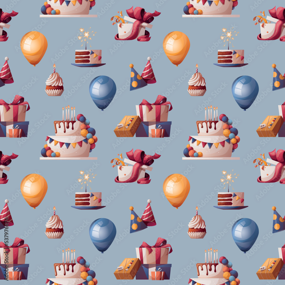 Seamless pattern with Birthday gifts, cake, caps and cupcake. Birthday party, celebration, holiday, event, festive concept.Vector illustration. Perfect for product design, wallpaper, wrapping paper. Seamless pattern with Birthday gifts, cake, caps and cupcake. Birthday party, celebration, holiday, event, festive concept.Vector illustration. Perfect for product design, wallpaper, wrapping paper.
