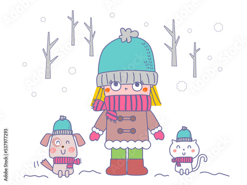 冬服の女の子と動物たち