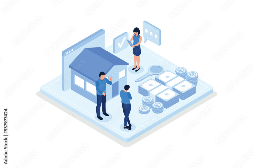 Mortgage process, Characters reading contact and legal documents and receiving house keys, isometric vector modern illustration Mortgage process, Characters reading contact and legal documents and receiving house keys, isometric vector modern illustration