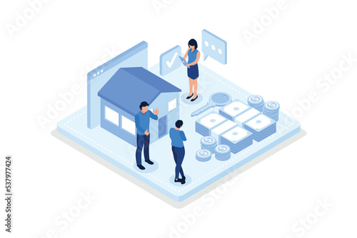 Mortgage process, Characters reading contact and legal documents and receiving house keys, isometric vector modern illustration