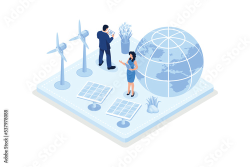 ESG, green energy, sustainable industry with windmills and solar energy panels, isometric vector modern illustration