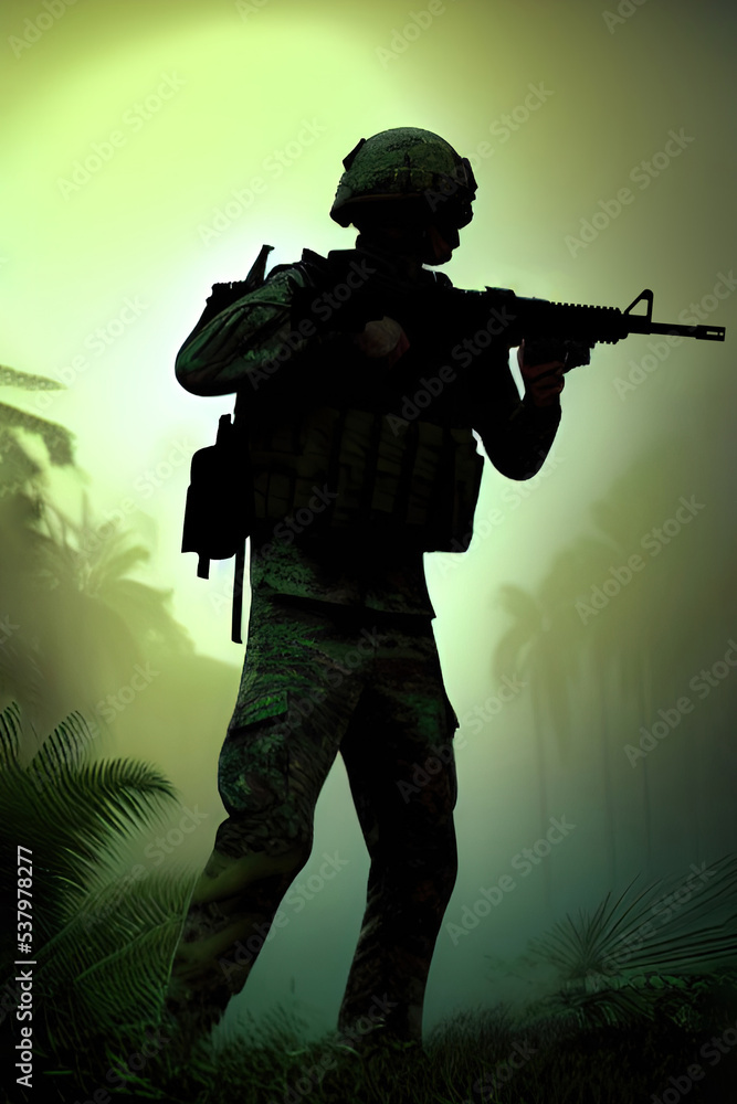 War scene. Jungles of south east Asia. Vietnam war era. Original illustration. Soldier silhouette War scene. Jungles of south east Asia. Vietnam war era. Original illustration. Soldier silhouette