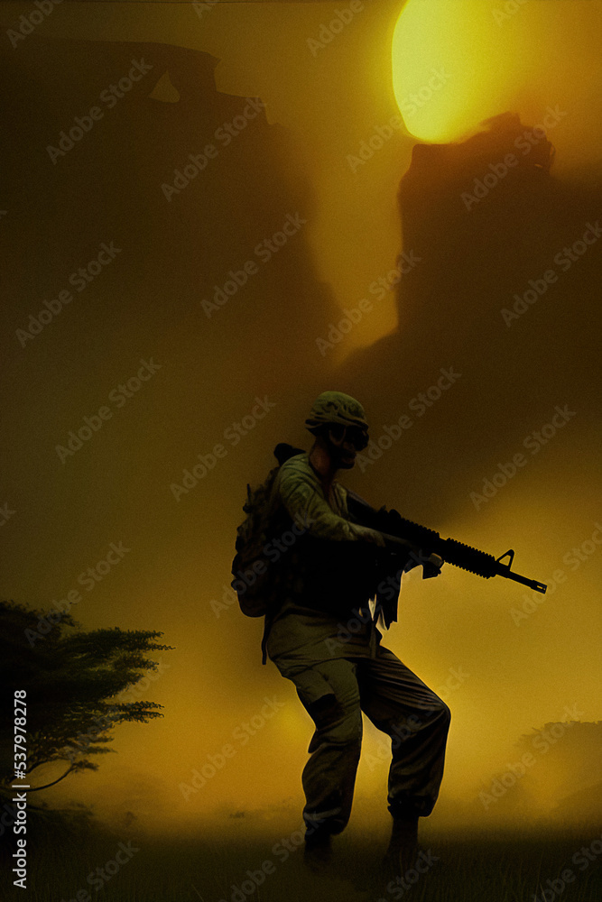 War scene. Jungles of south east Asia. Vietnam war era. Original illustration.  Soldier silhouette