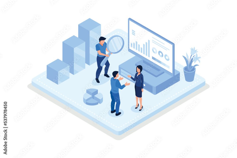 Financial report, Characters analyzing charts, isometric vector modern illustration Financial report, Characters analyzing charts, isometric vector modern illustration