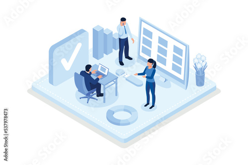 Financial report, Characters analyzing balance sheet, isometric vector modern illustration