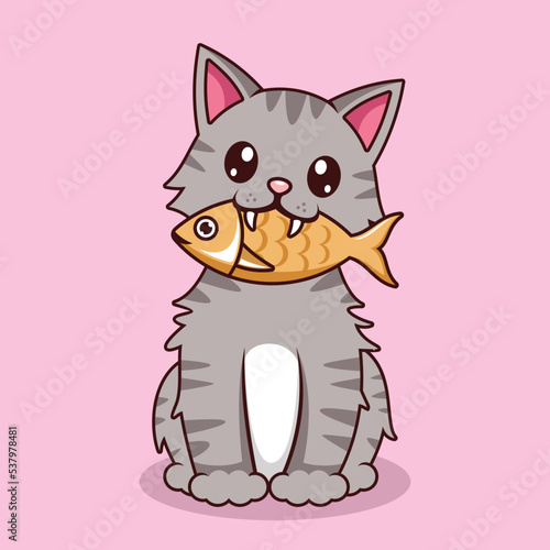 Cute cat biting fish. Cartoon illustration of cute cat stealing fish with innocent face.