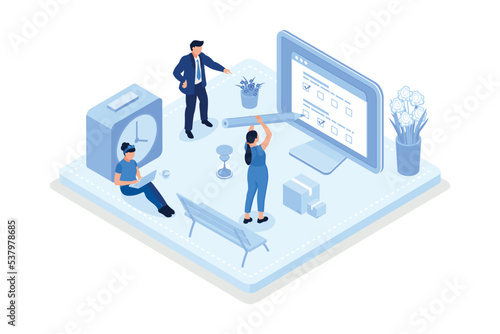 Schedule planning, Characters filling check list, isometric vector modern illustration © Alwie99d