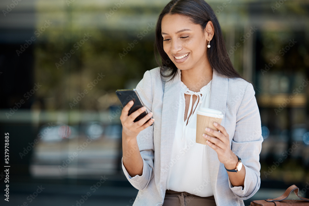 Business woman, coffee and phone outside on city street with 5g network for communication, good news and mobile app to read message. Happy female outside on smartphone for networking on internet Business woman, coffee and phone outside on city street with 5g network for communication, good news and mobile app to read message. Happy female outside on smartphone for networking on internet