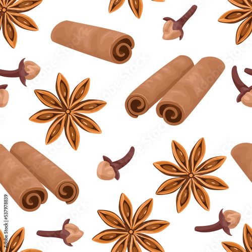 christmas, background, anise, star, clove, cinnamon, stick, vector, seamless, pattern, aromatic, spice, cartoon, illustration, cooking, food, brown, ingredient, aroma, herb, isolated, dry, flavor, ani