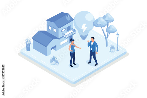 Green energy, Characters showing eco private house, isometric vector modern illustration